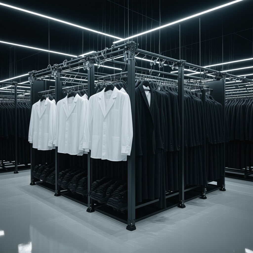 Robotic and AI-based uniform dry cleaning machines processing smart textiles in a modern facility