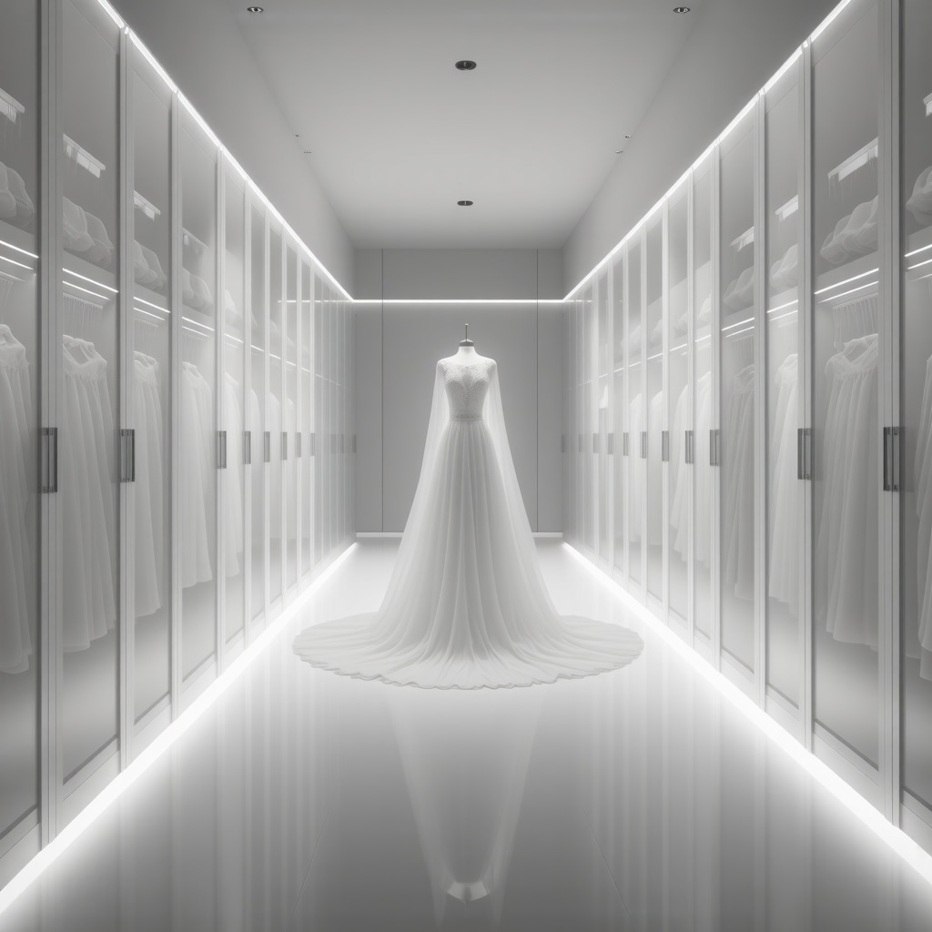 Climate-controlled archival storage unit with digital environmental sensors and UV-resistant microclimate boxes for bridal gowns
