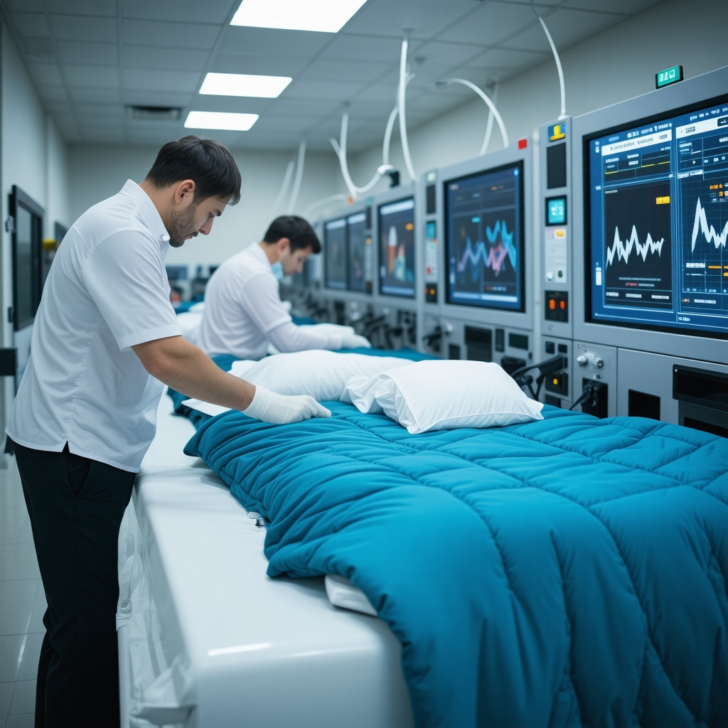 Technician using advanced fabric care technology for comforters in South Tampa dry cleaning facility