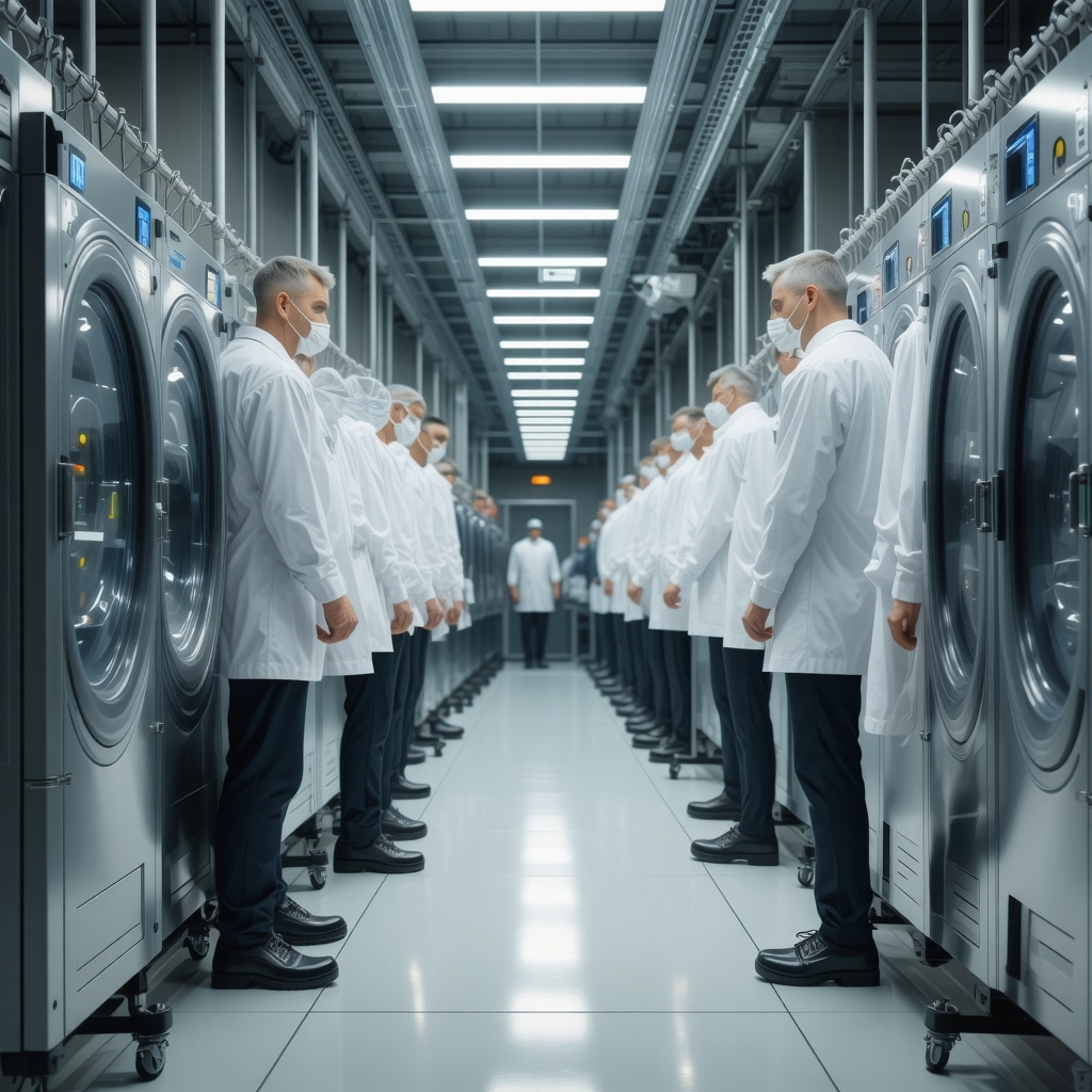 Technicians using ultrasonic cleaning and AI devices in an eco-friendly dry cleaning facility