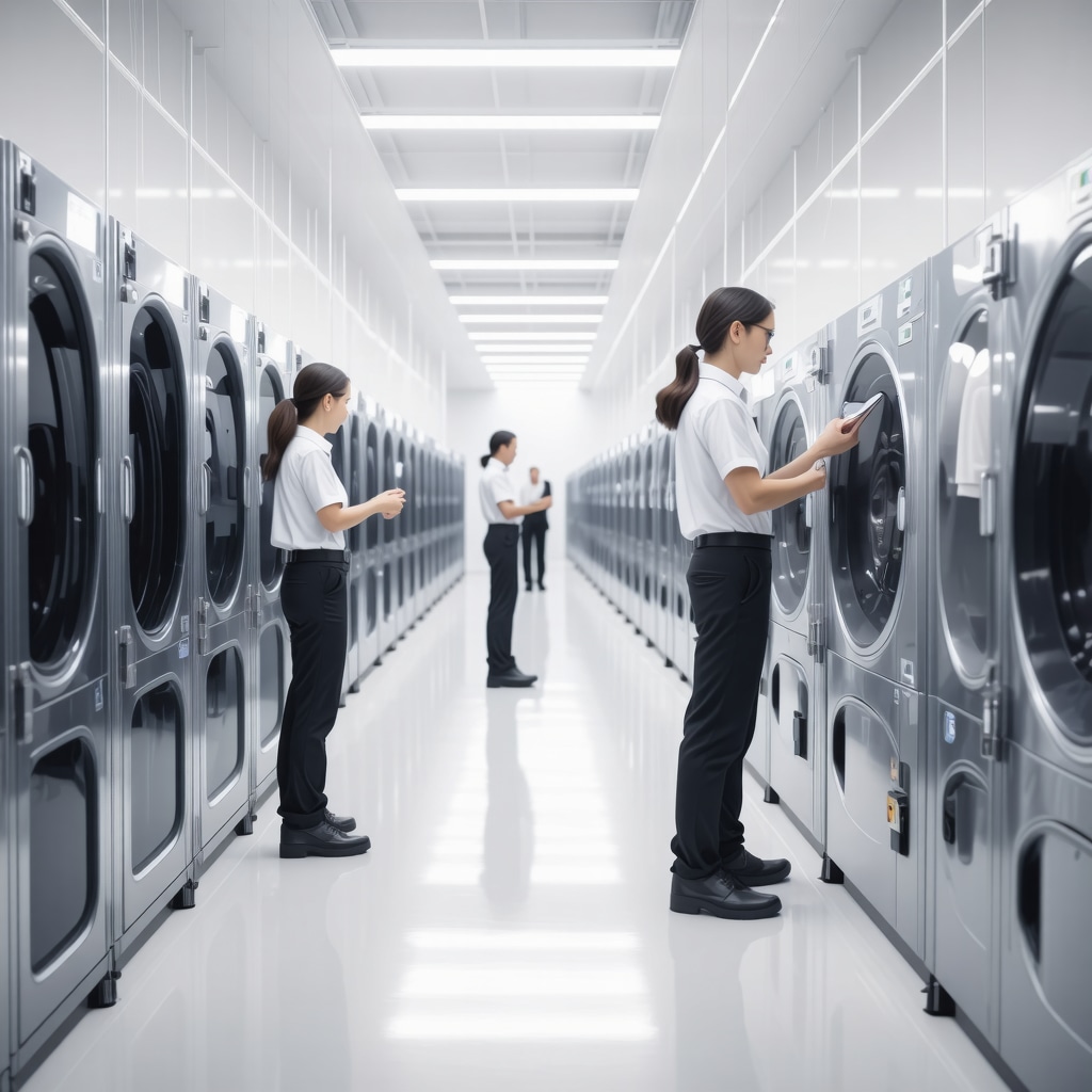 High-tech dry cleaning facility in Tampa with AI and IoT devices, eco-friendly equipment, and climate-controlled storage