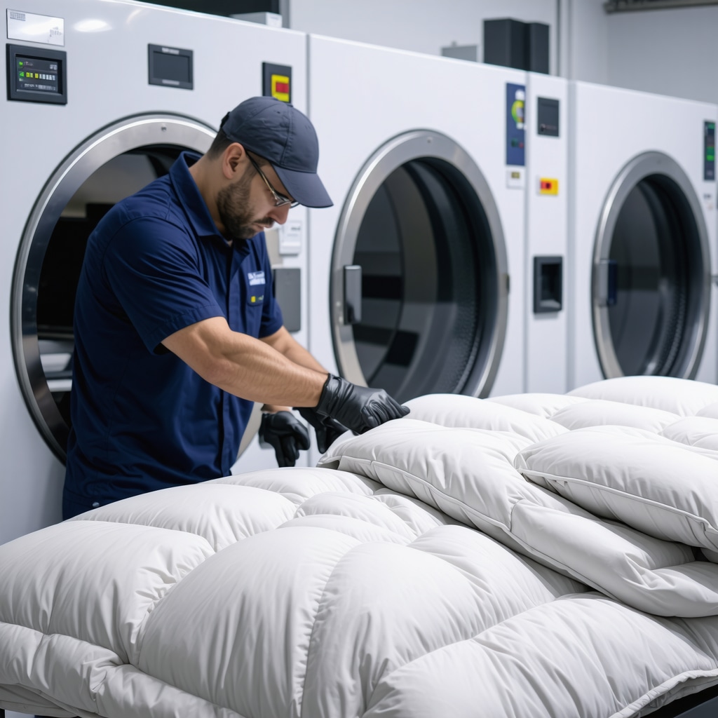 Technician using advanced eco-friendly dry cleaning equipment to clean a comforter in Lutz