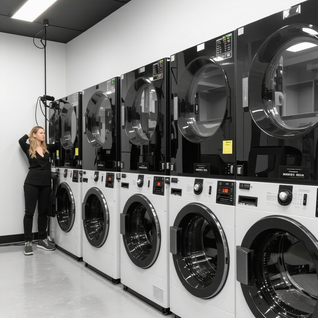 Interior view of a modern eco-friendly dry cleaning facility with advanced solvent and energy-efficient equipment
