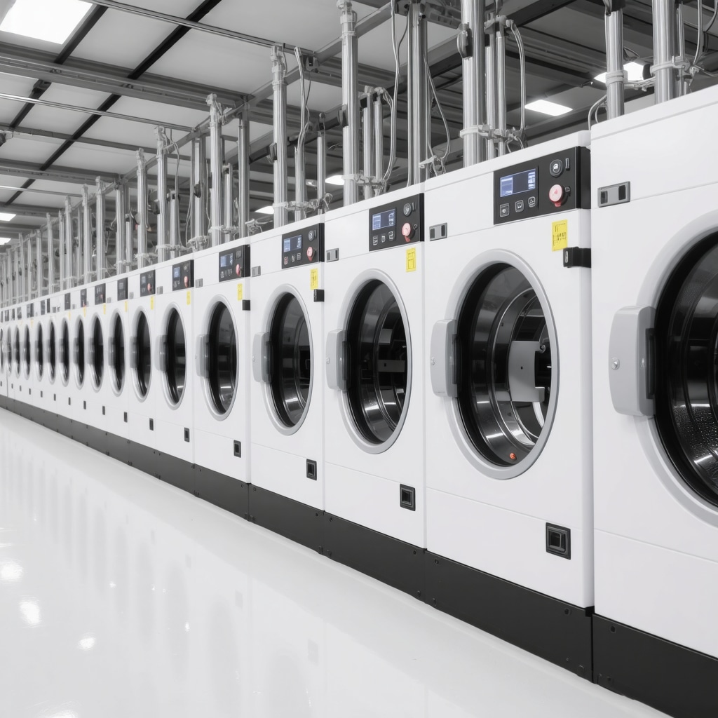 Technicians operating modern eco-friendly dry cleaning machinery with digital garment tracking in Trinity