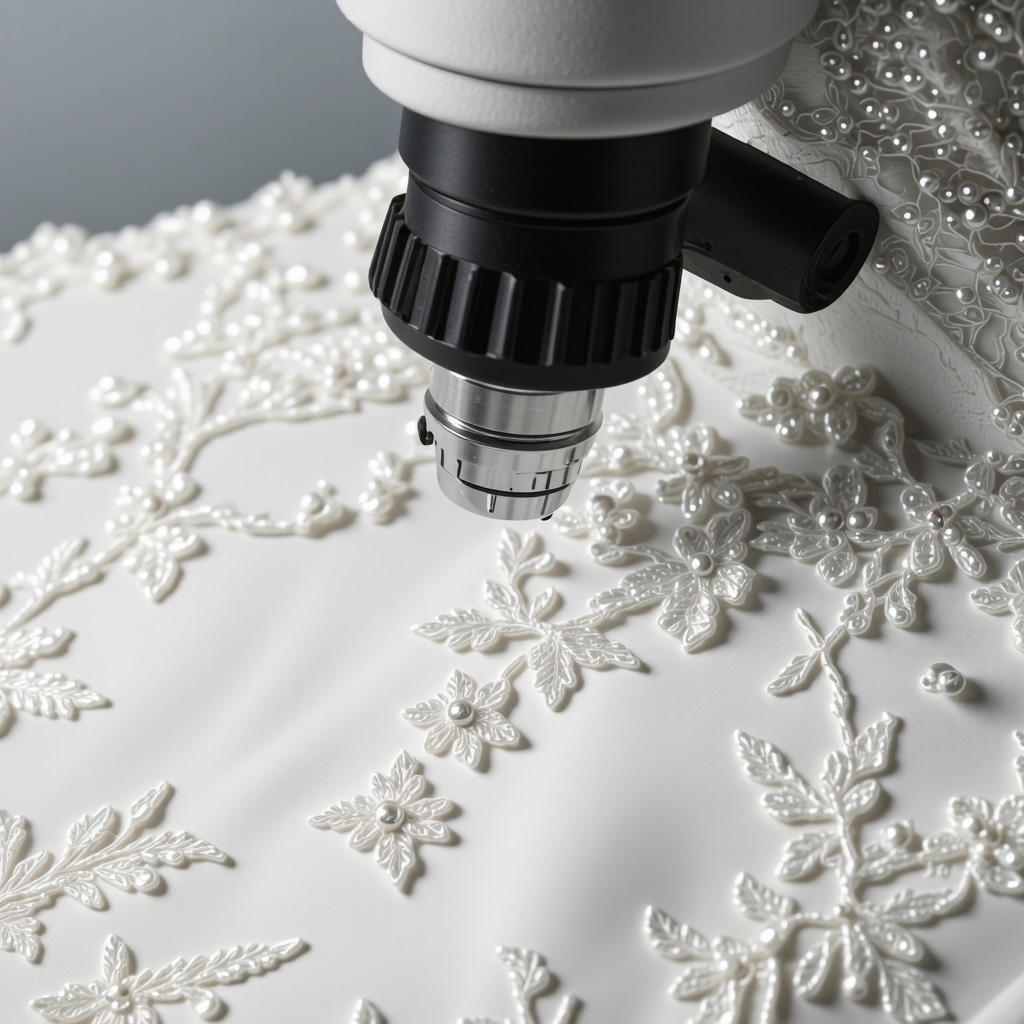 Microscopic view of wedding dress fabric fibers and beadwork for restoration analysis