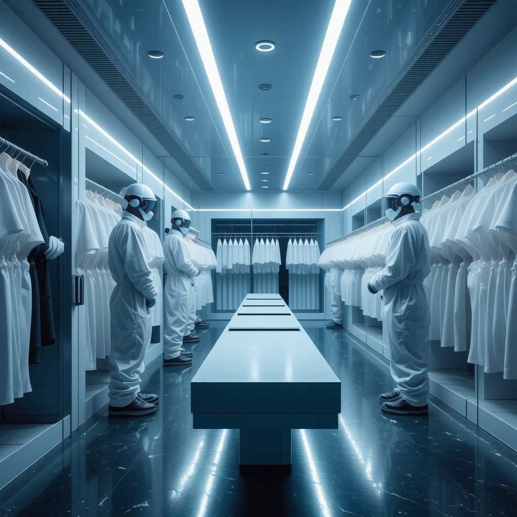 Dry cleaning technicians applying nanotechnology treatments and using AI data analysis in a modern facility