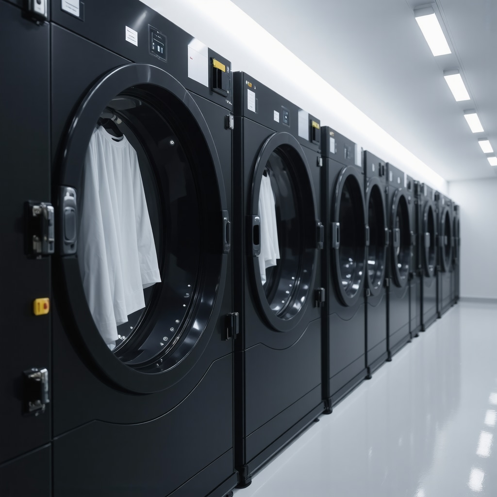 High-tech organic dry cleaning equipment featuring AI fabric analysis and blockchain garment tracking systems