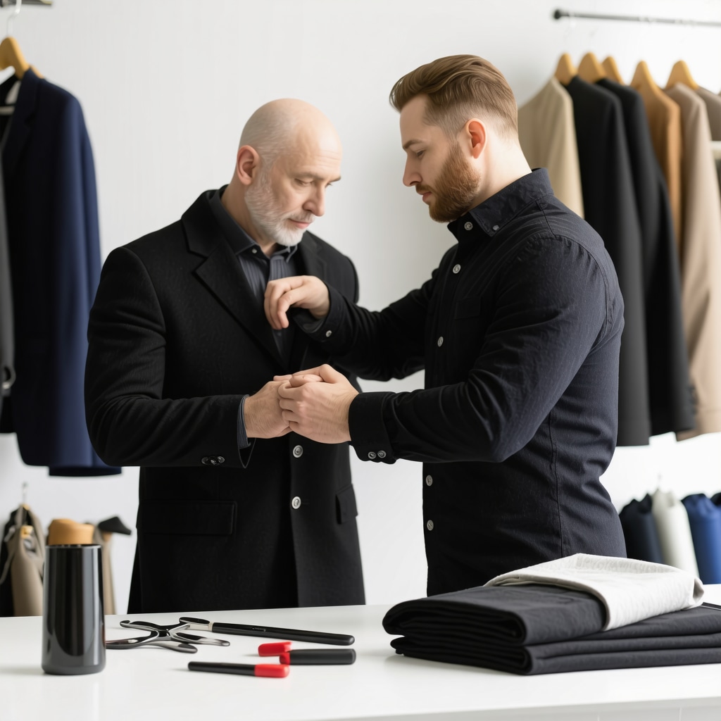 Tailor and dry cleaner examining restored wool coat with professional tools in South Tampa workshop