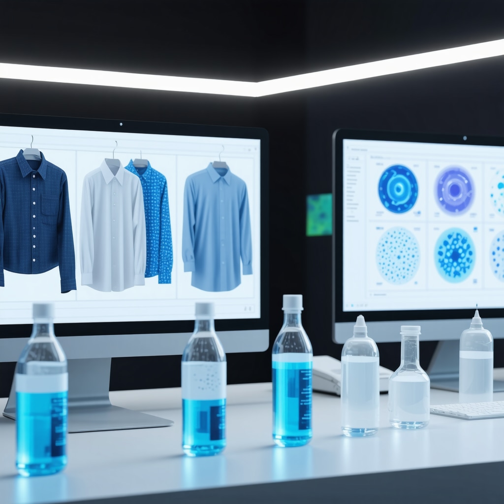 High-tech lab with AI fabric analysis and enzymatic cleaning agents for advanced dry cleaning