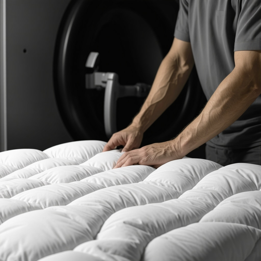 Professional dry cleaner using eco-friendly solvent on down comforter in a modern facility