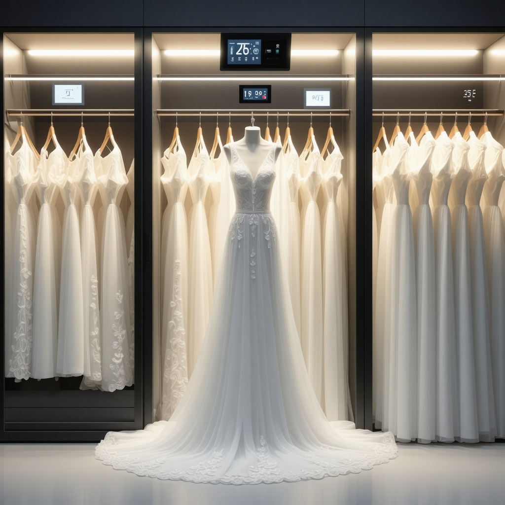 High-tech climate-controlled chamber preserving delicate wedding dresses with digital humidity and temperature displays