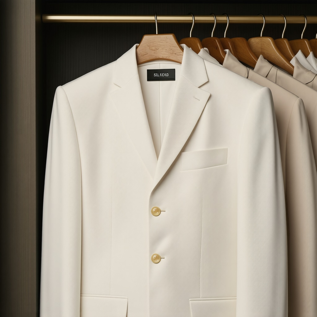 Tuxedos stored in breathable garment bags with silica gel packets in climate-controlled closet