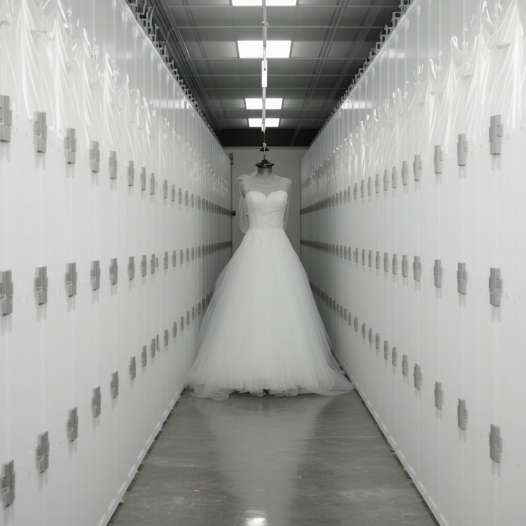 Wedding dresses stored in acid-free boxes within a climate-controlled preservation environment with monitoring devices
