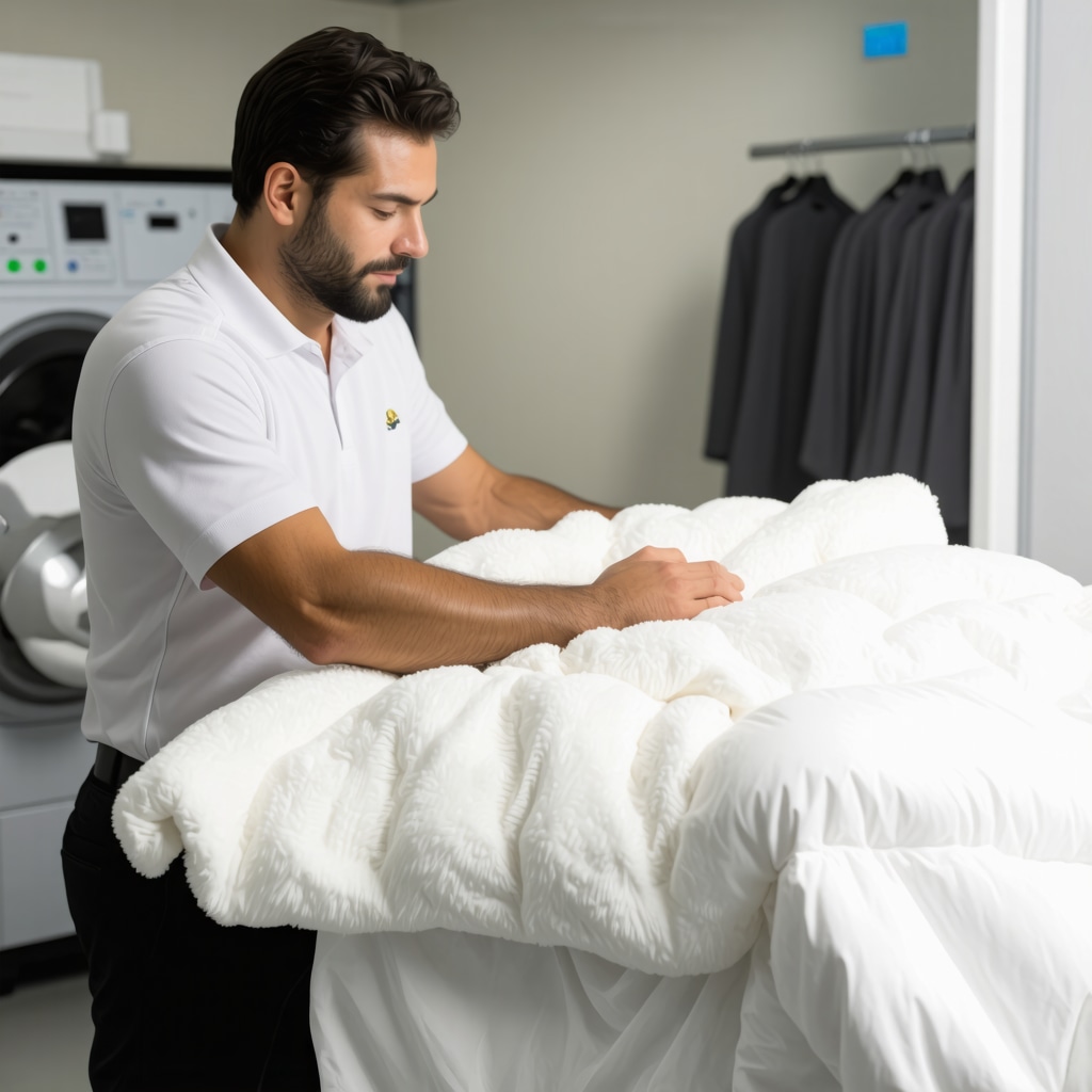 Professional cleaner handling a fluffy down comforter with eco-friendly cleaning equipment in Tampa