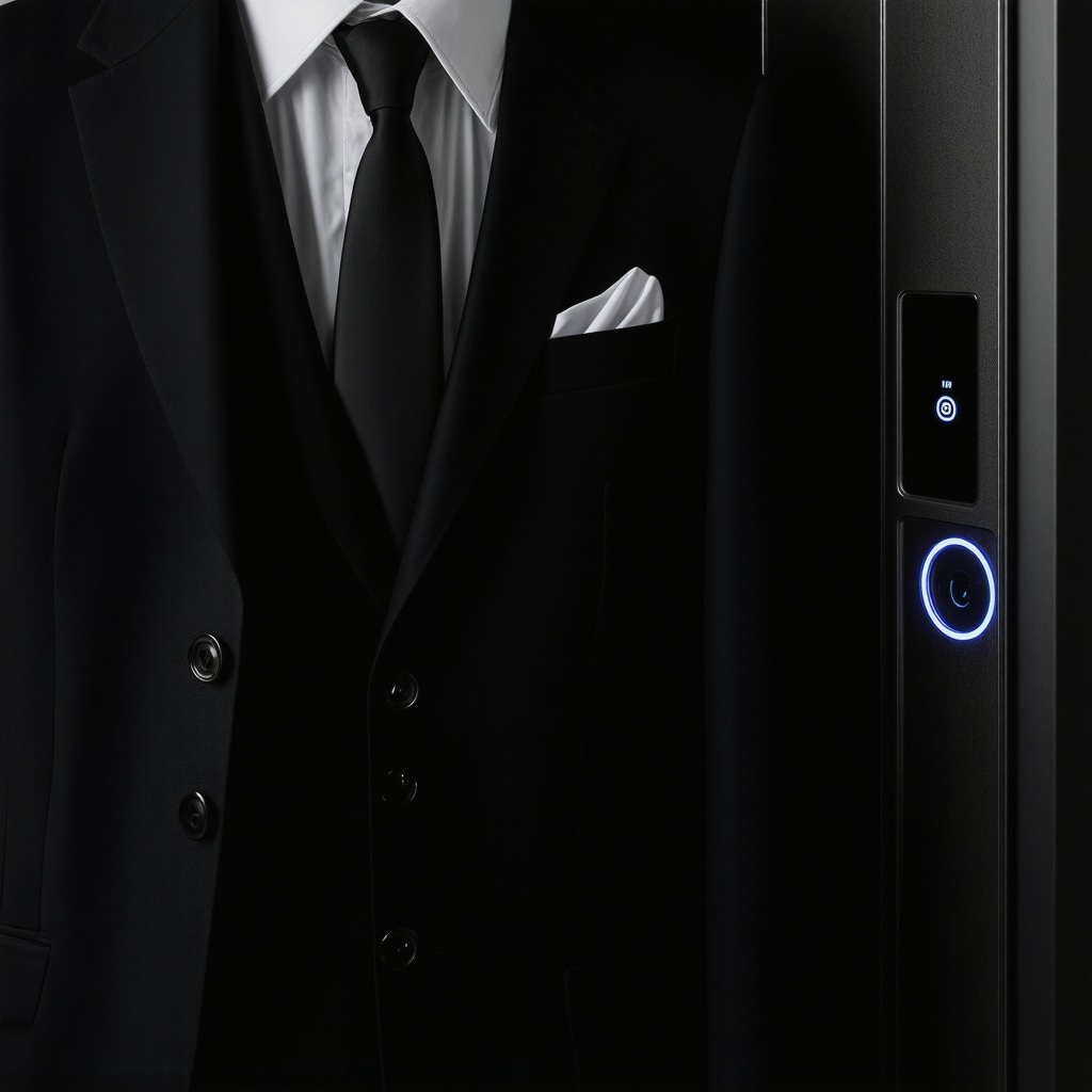 Tuxedo in breathable garment bag stored in climate-controlled closet with humidity control devices