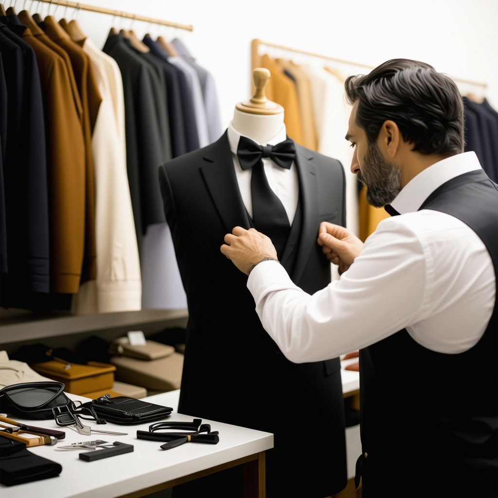 Tailor making precise adjustments to a tuxedo on a mannequin in a bright tailoring studio
