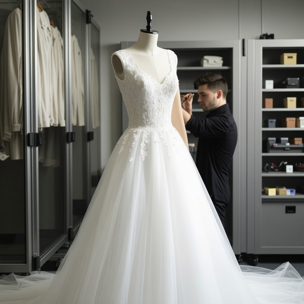 Conservator examining vintage wedding dress in microclimate-controlled preservation environment