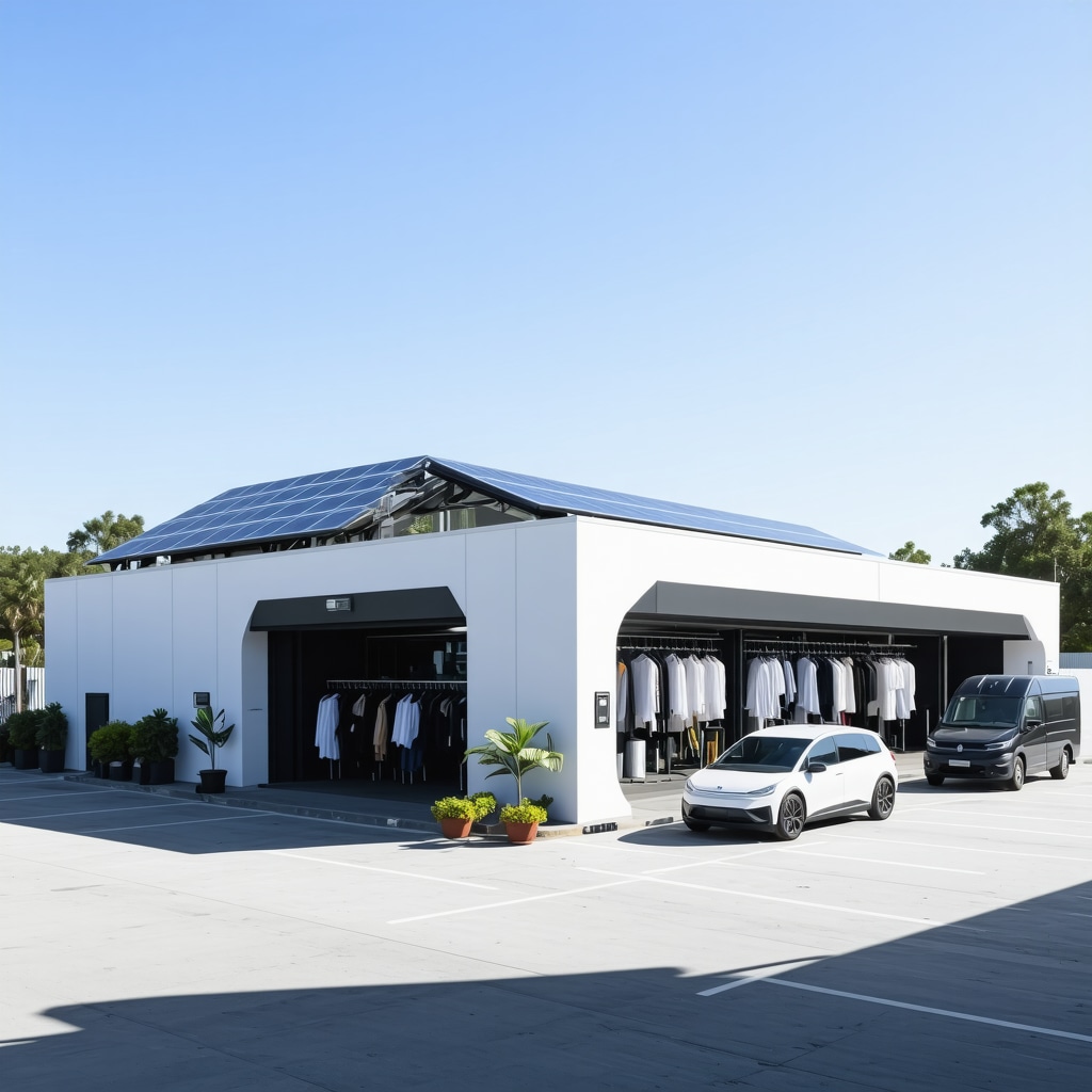 Exterior view of a modern dry cleaning facility with solar panels and electric vans preparing for pickup and delivery services