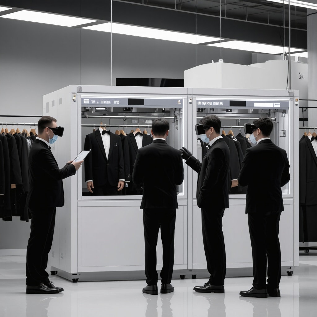 Technicians applying nanotech treatments and using AR devices in an advanced dry cleaning facility for tuxedos