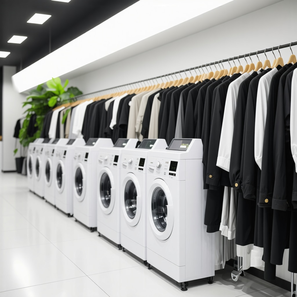 Interior of a modern dry cleaning shop with advanced eco-friendly cleaning machines and digital interfaces