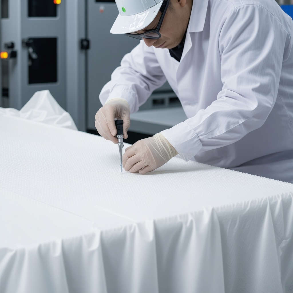Scientist applying nanotechnology coatings to fabric in dry cleaning lab