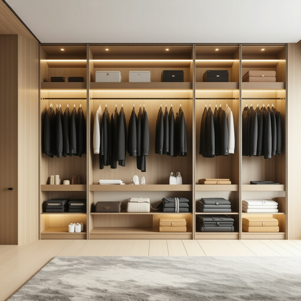 Modern wardrobe with smart storage features for preserving wool coats including humidity control and breathable garment bags