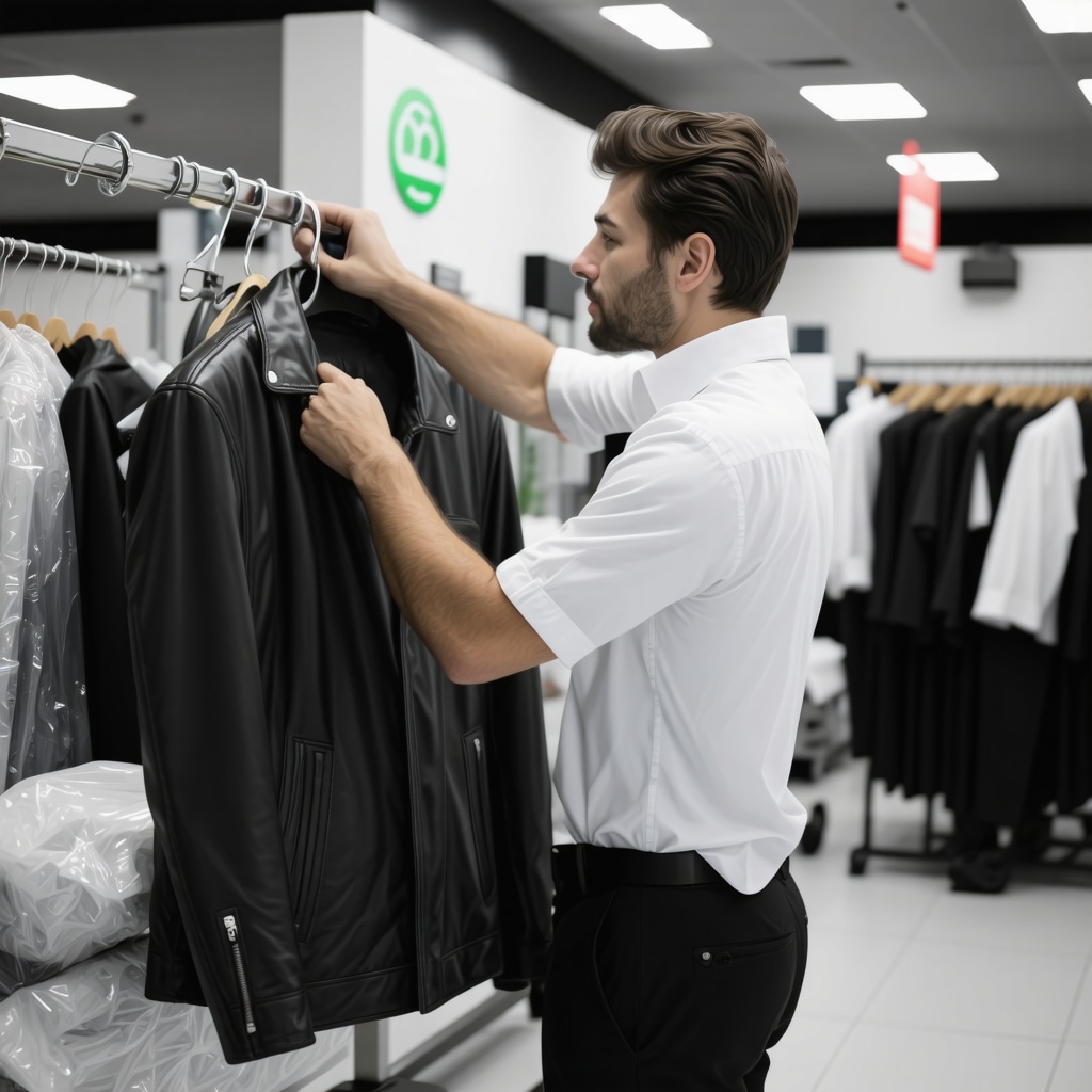 Technician cleaning leather jacket with eco-friendly products at night in Tampa