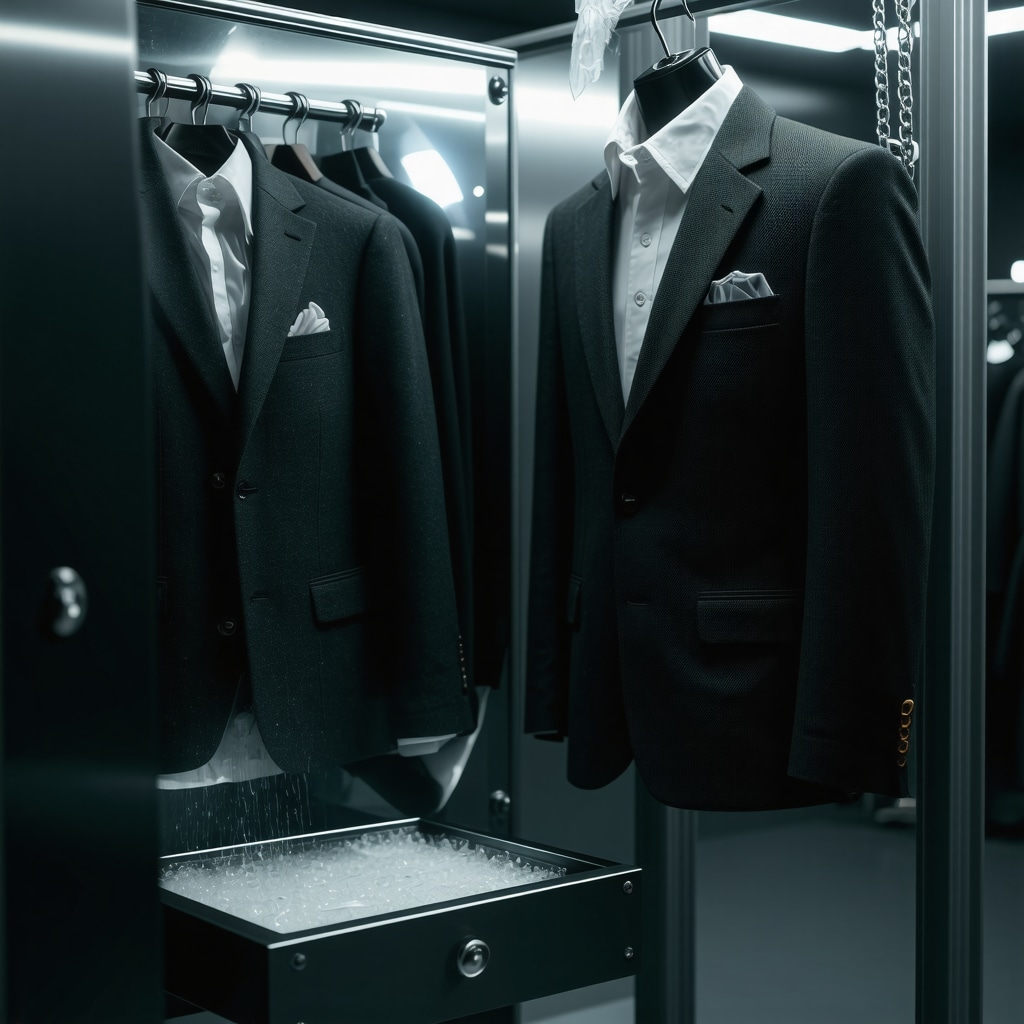 Ultrasonic cleaning equipment operating near a wool men's suit in a professional dry cleaning shop
