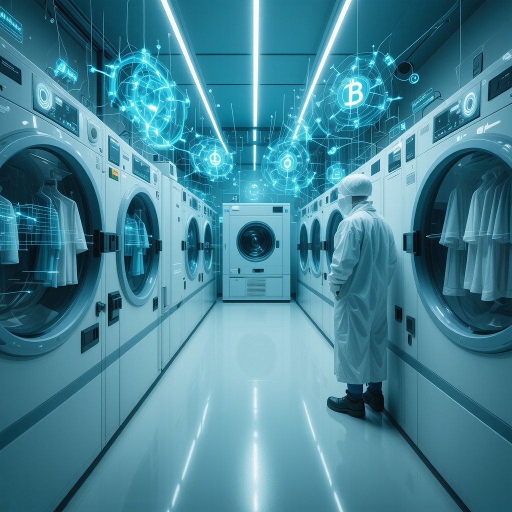 Advanced dry cleaning facility featuring AI technology and blockchain icons representing innovative textile care