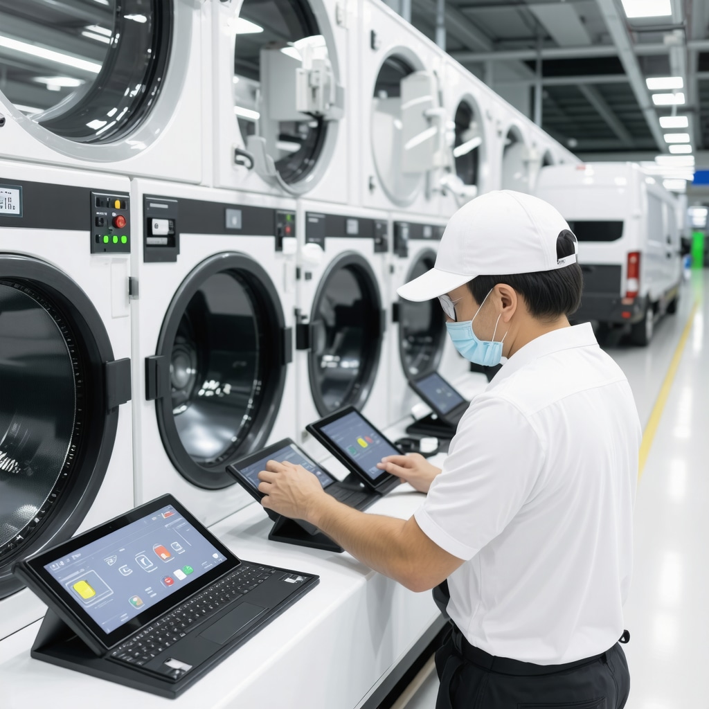 Technicians using AI-driven machinery and digital tablets in a Tampa dry cleaning facility with eco-friendly solvent equipment and delivery vans