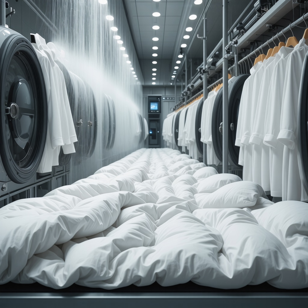 Modern dry cleaning machines using AI technology to clean and preserve luxury comforters with specialized solvents and drying processes