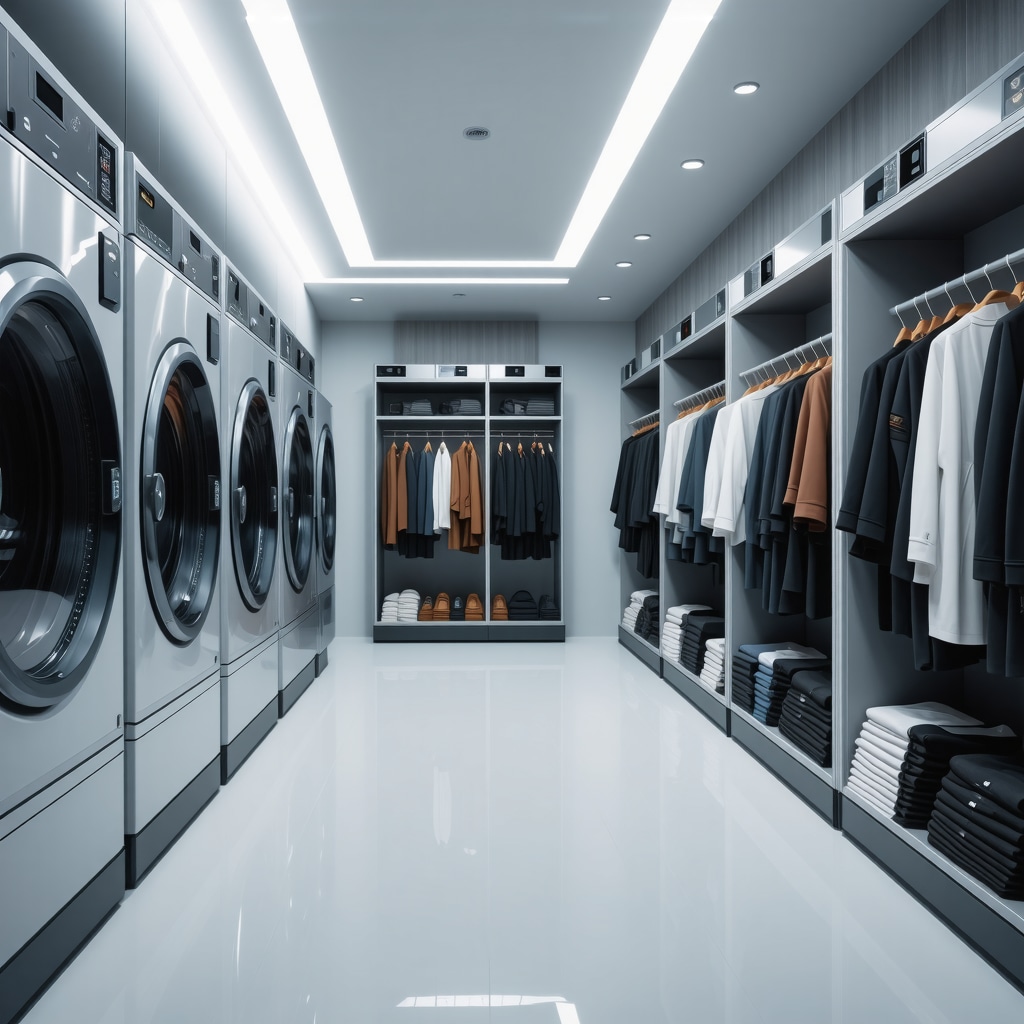 Modern dry cleaning equipment with AI and IoT sensors optimizing cleaning for various fabric types