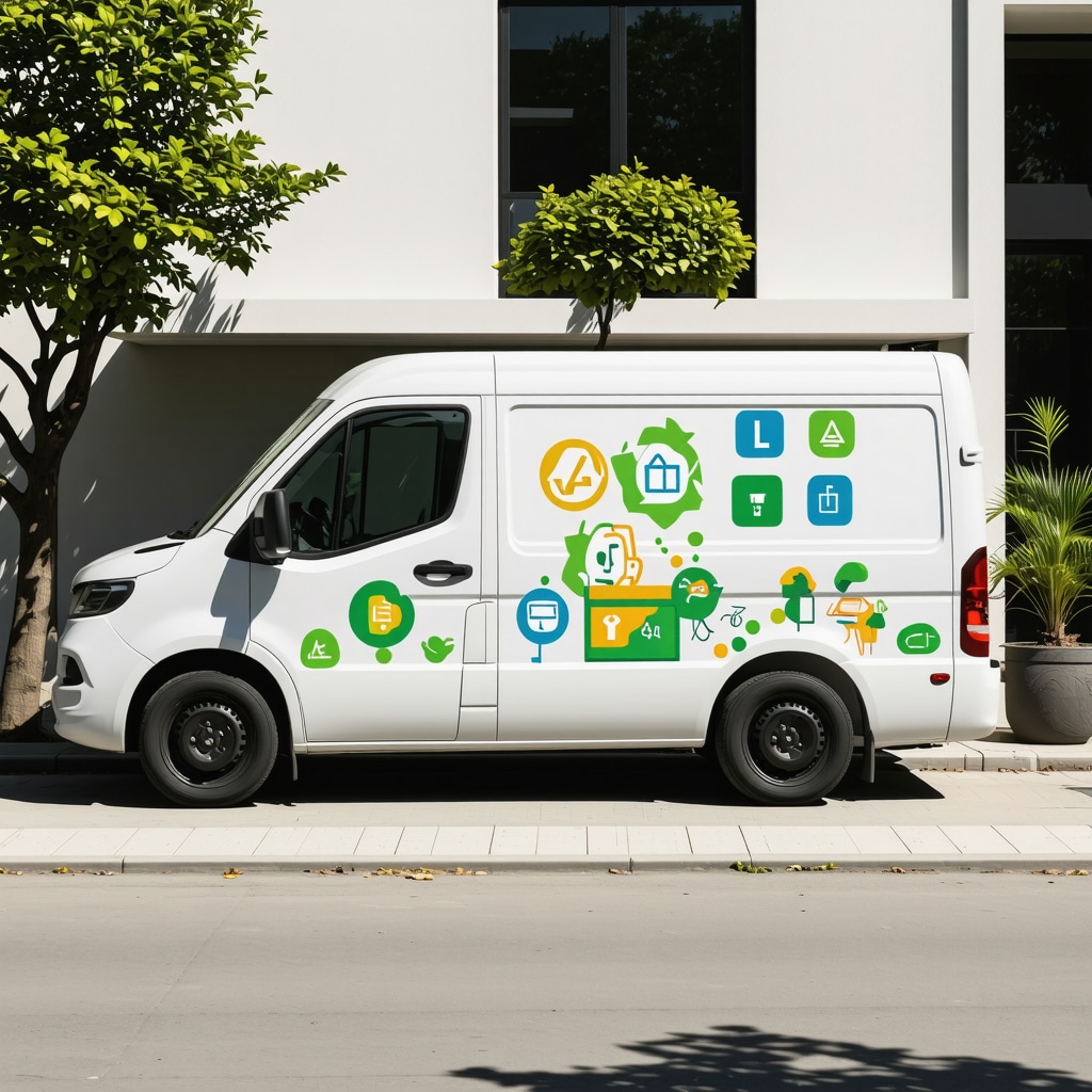 A dry cleaning delivery van with AI and eco-friendly icons outside a home in Lutz