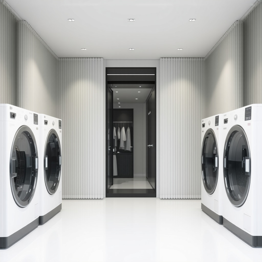 Dry cleaning facility with AI fabric analysis and environmental sensors monitoring curtains