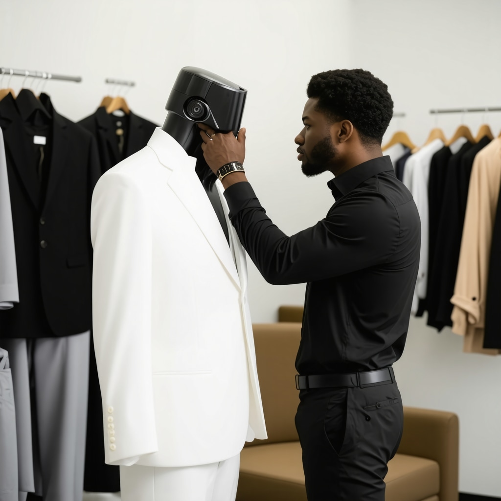 Tailor using 3D body scanning technology for precision garment fitting in a Trinity dry cleaners