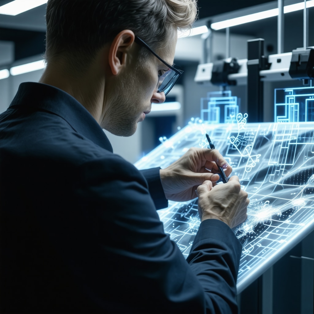 Technician analyzing fabric with AI and nanotechnology for advanced suit dry cleaning