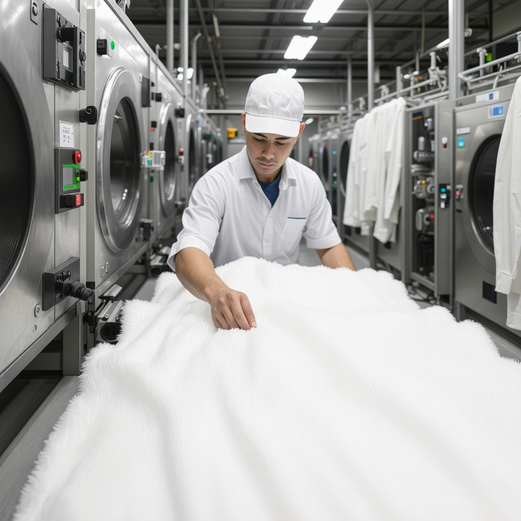 Technician using AI fabric analysis and eco-friendly equipment for blanket dry cleaning in Tampa