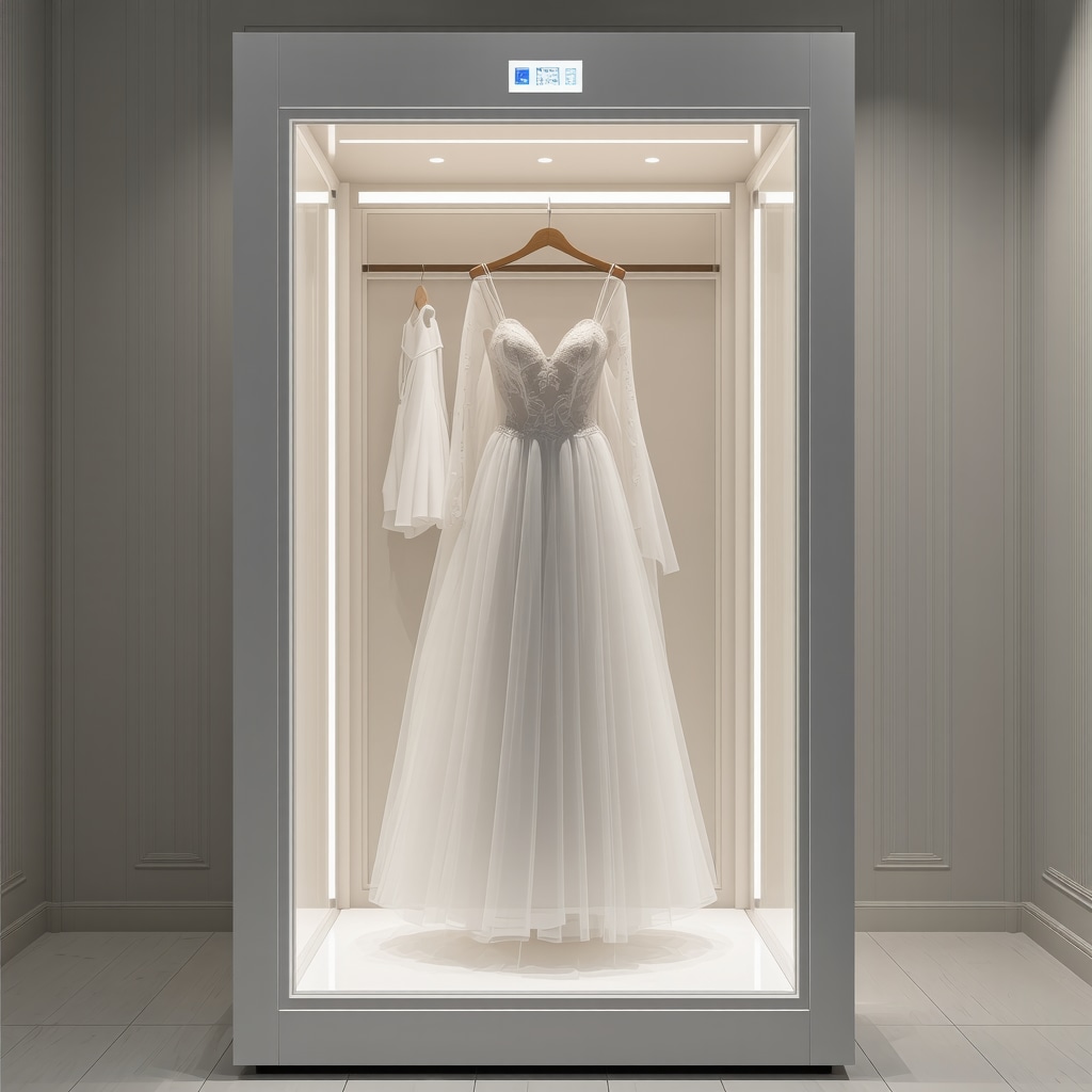 High-tech climate-controlled storage unit for bridal gown preservation with acid-free tissue and humidity sensors