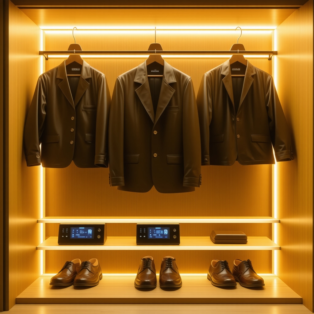 A leather jacket stored in a climate-controlled unit with digital humidity and temperature controls