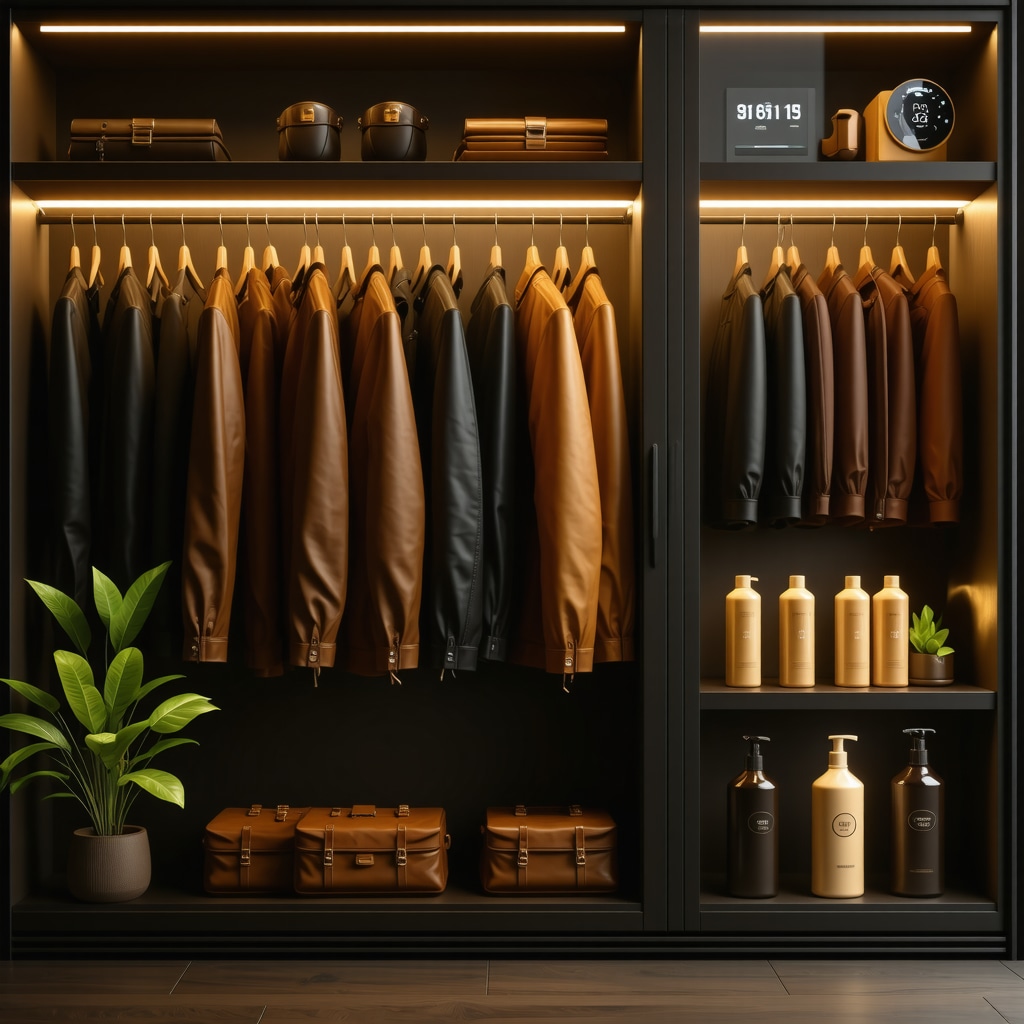 Climate-controlled wardrobe storing leather jackets alongside eco-friendly leather care products