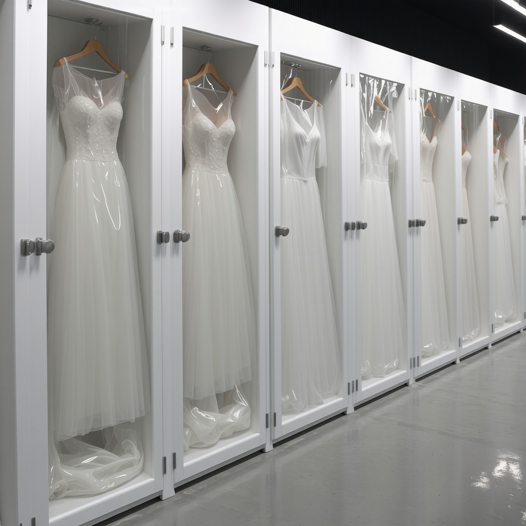 Climate-controlled preservation room with acid-free boxes and humidity monitors storing wedding dresses