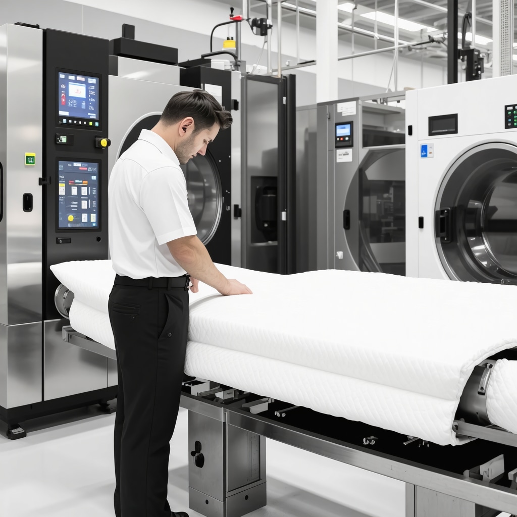 Technician using cutting-edge solvent cleaning machines and ultrasonic equipment on a comforter in a Trinity dry cleaning facility