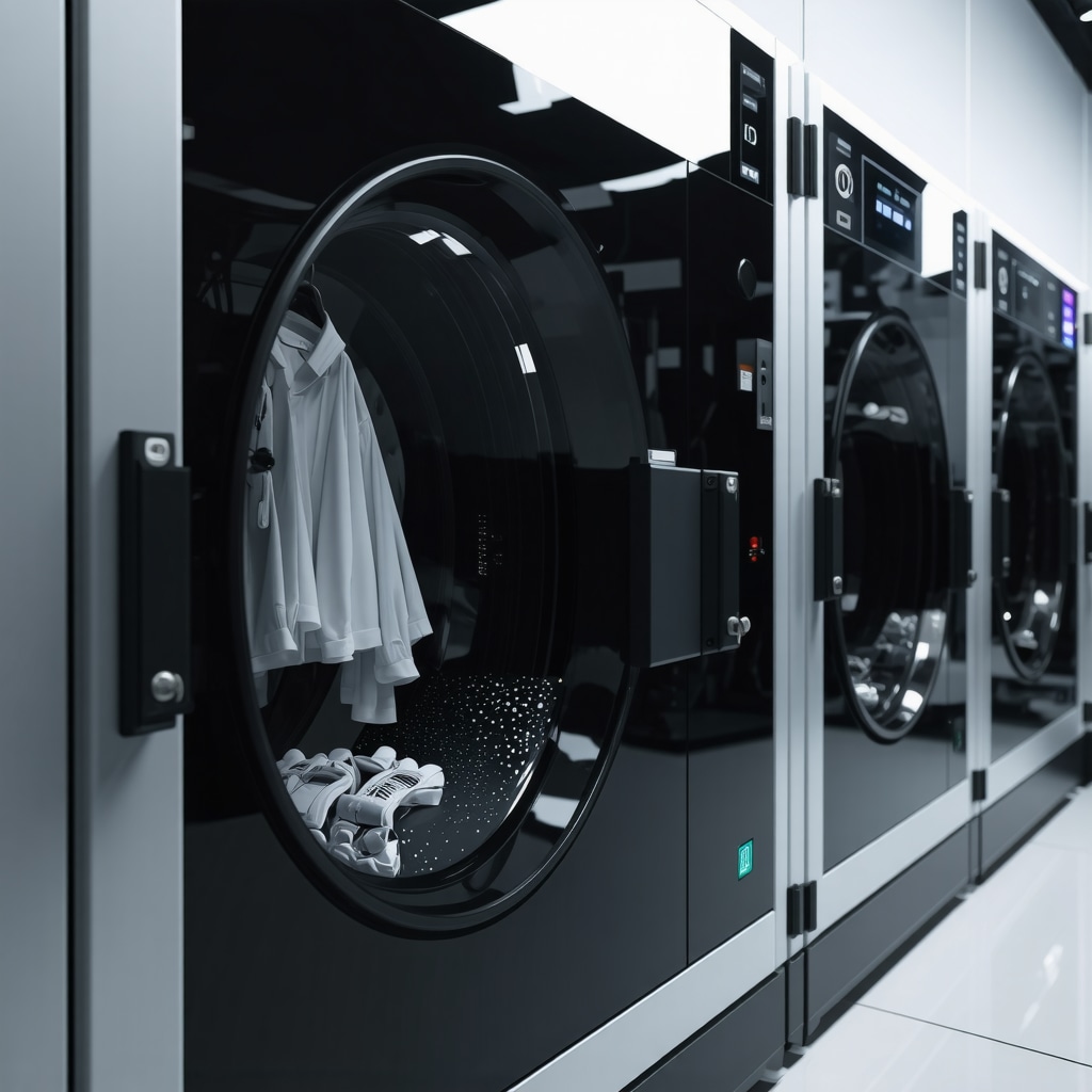 High-tech dry cleaning machinery with digital displays and IoT sensors processing delicate fabrics