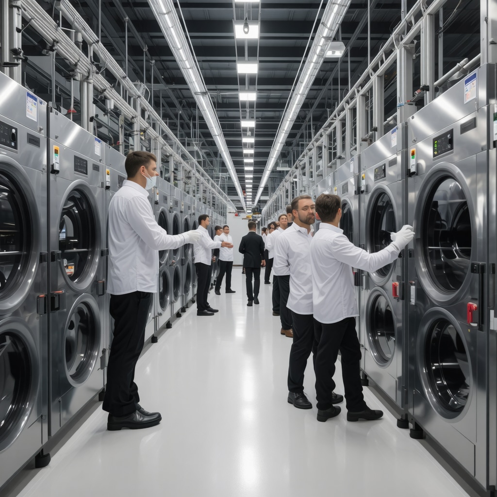 Technicians operating ultrasonic and supercritical CO2 cleaning machines in a Tampa dry cleaning facility