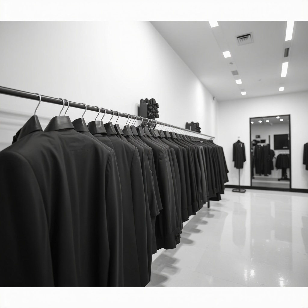 Dry cleaning facility with eco-friendly solvents and digital garment tracking displaying suits stored on padded hangers in a climate-controlled room
