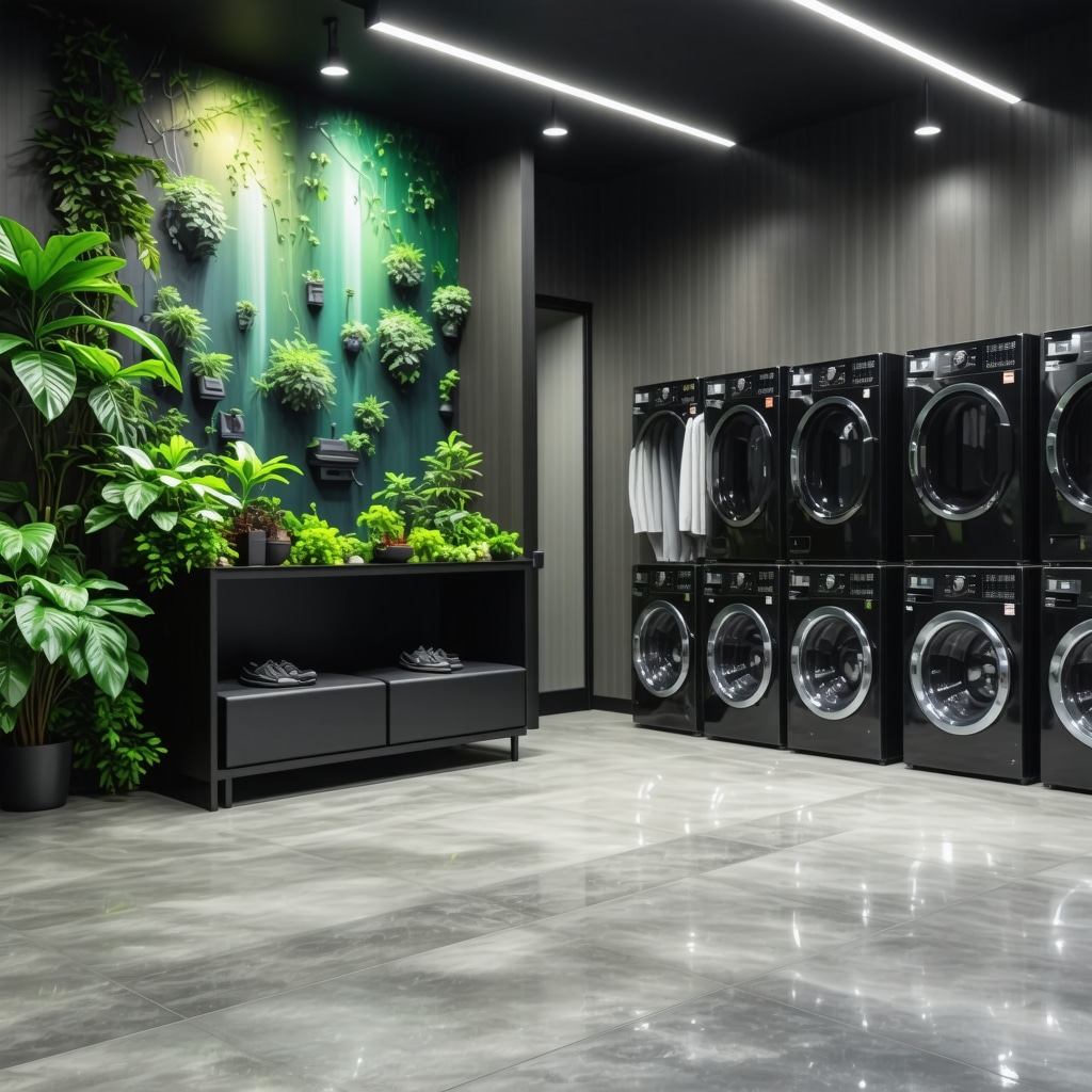 Dry cleaning facility using enzyme-based cleaning and IoT garment tracking with eco-friendly design in Tampa