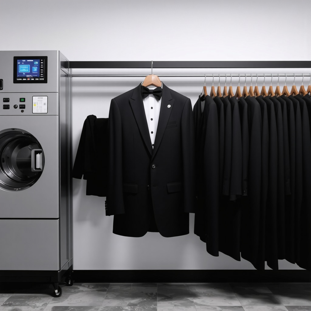 Modern dry cleaning equipment with a freshly cleaned tuxedo in Tampa