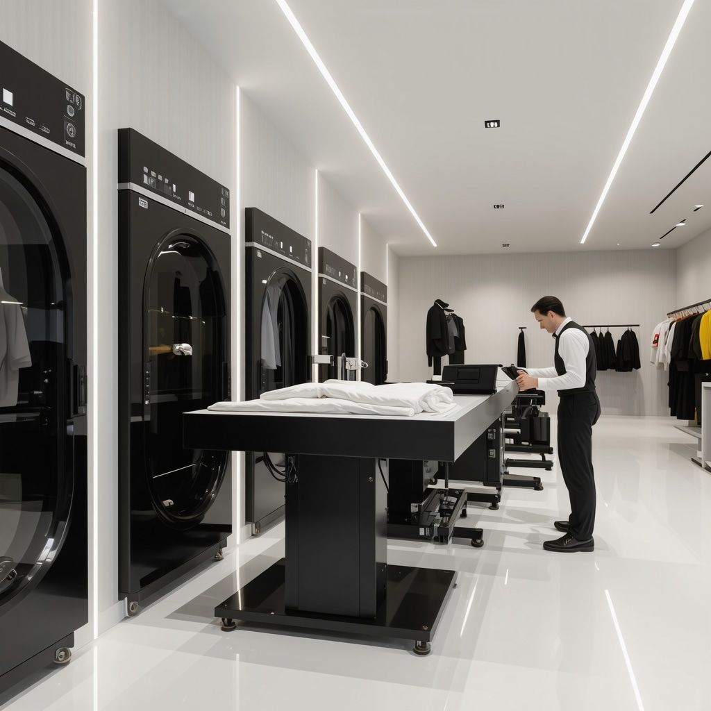 Modern dry cleaning facility with AI sorting machines and tailor at work in Lutz