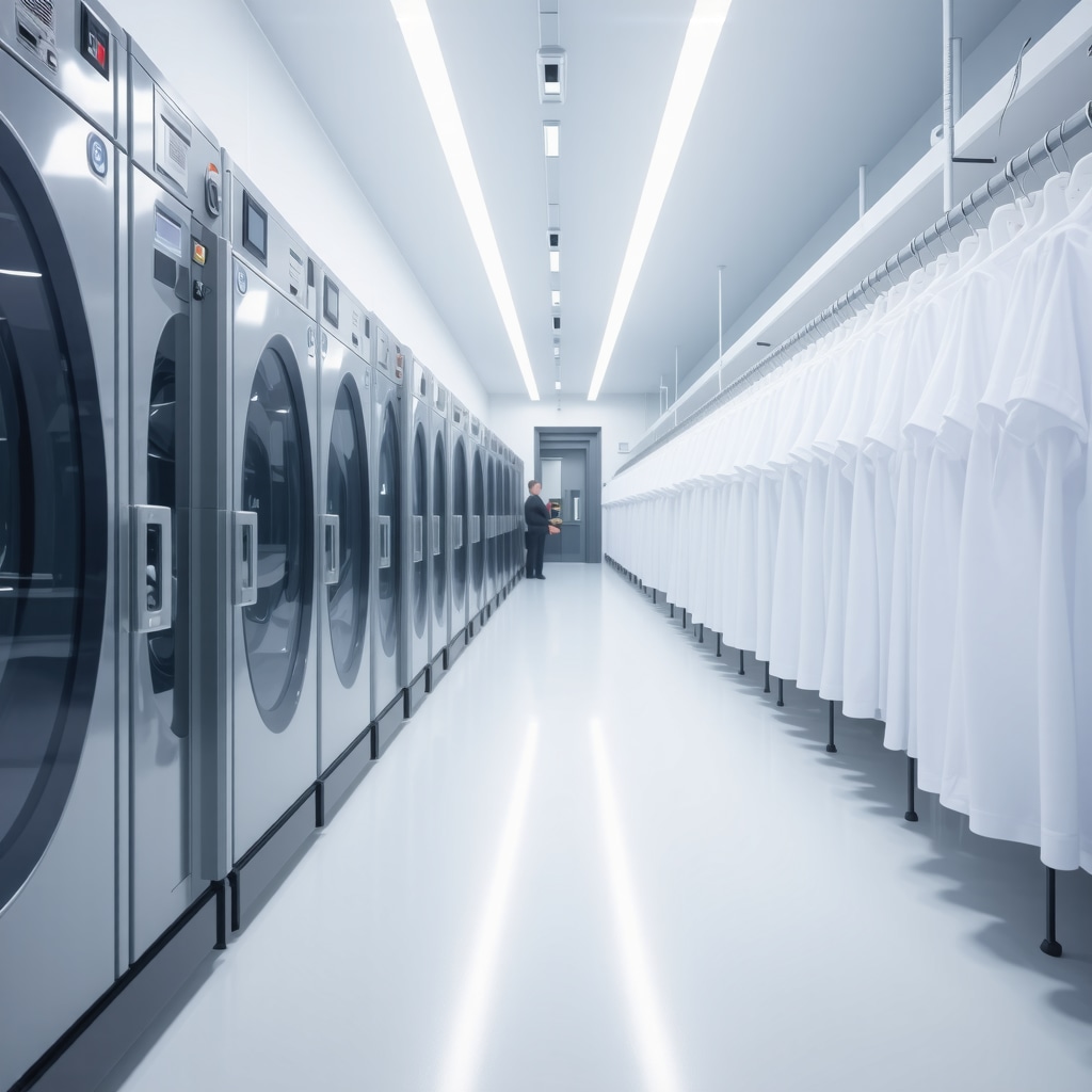 Technicians using advanced dry cleaning machines and pH monitoring tools to clean smart textiles with embedded sensors