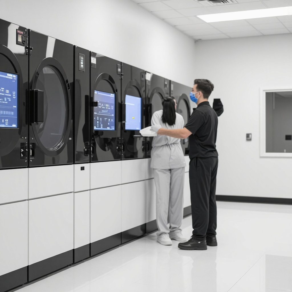 Technicians operating ultrasonic cleaning machines and AI fabric analysis systems in Tampa dry cleaning facility